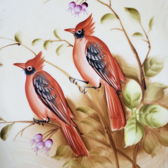 Ceramic Red Cardinals Wall Plate Gold Rim Floral Design 8.25" Diameter - Picture 4 of 7